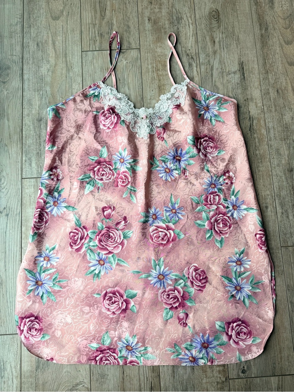 Vintage Soft Sensations Floral Satin Slip Lace Trim Dress Tank Large Coquette
